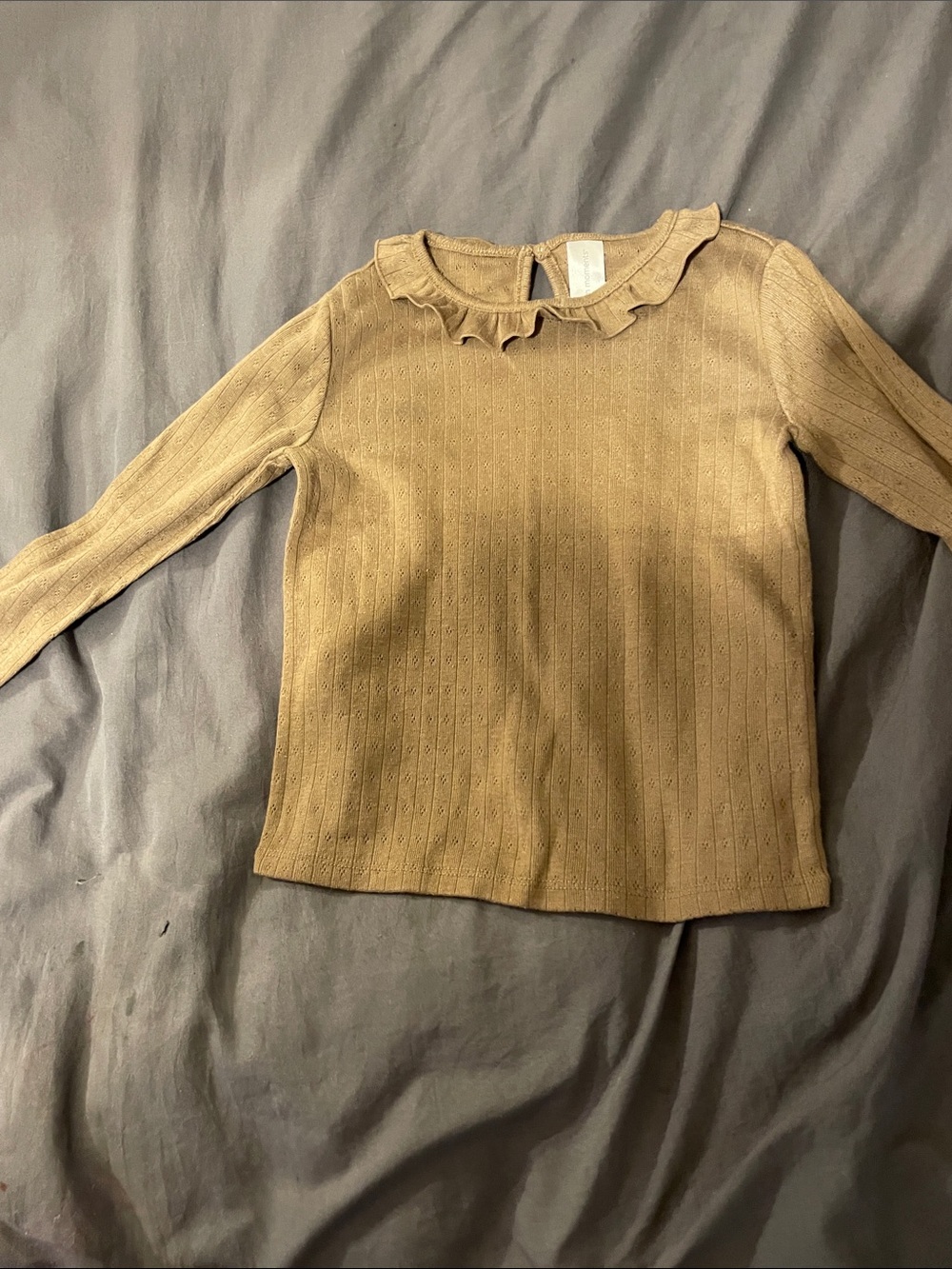 Girls Long Sleeve Ruffle Neck Top - Tan